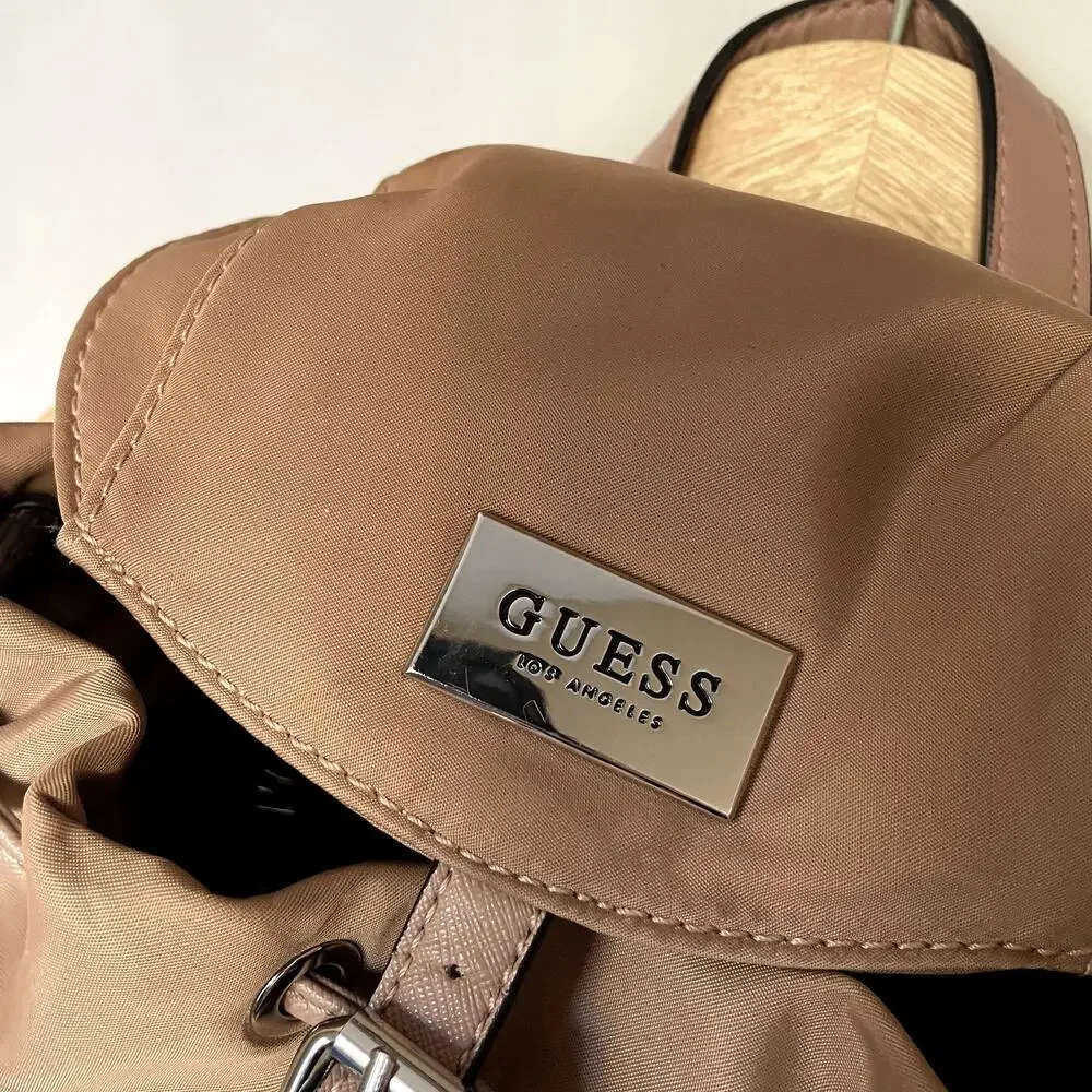 Guess LA brown leather backpack many pockets drawstring design flaw‎